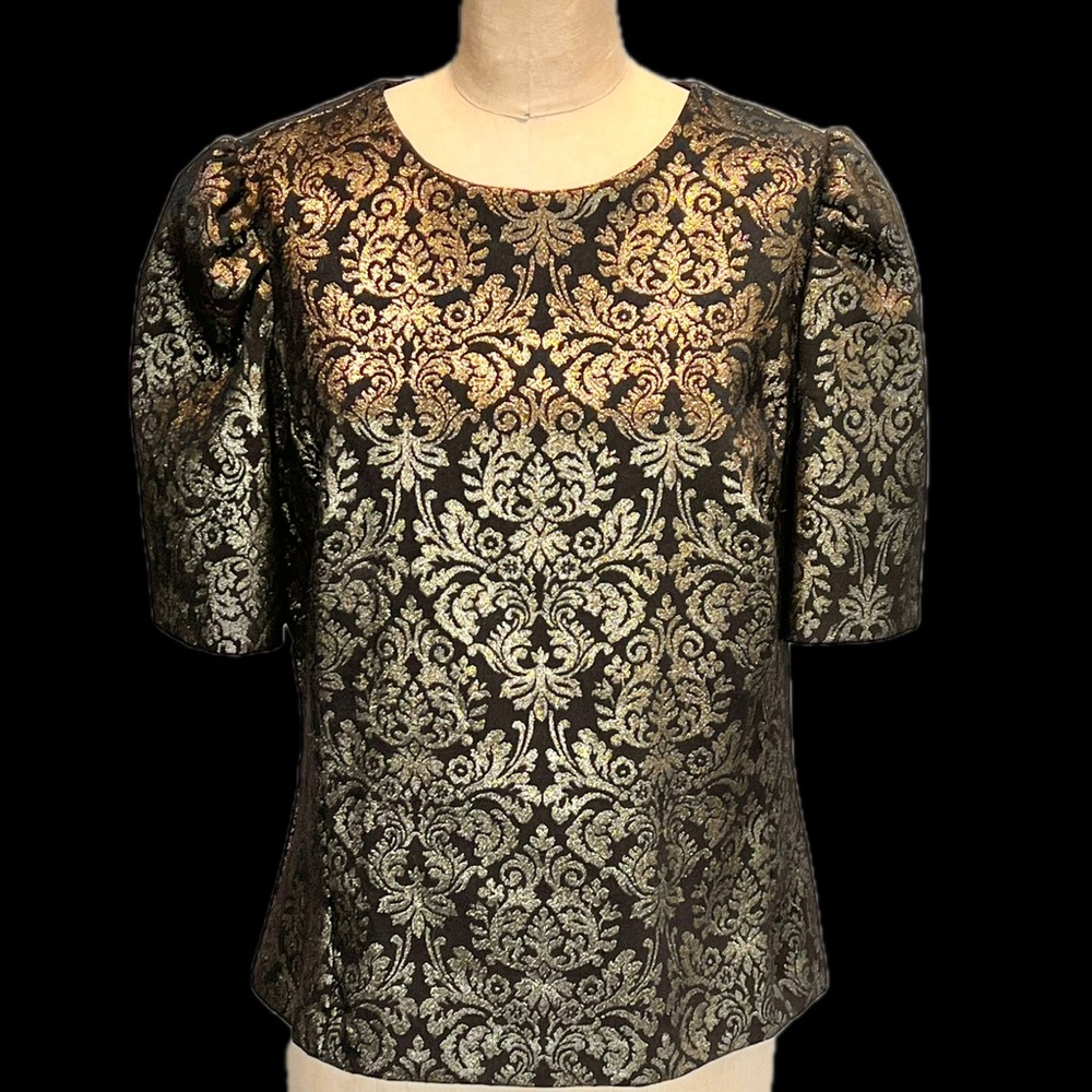 Worthington fancy metallic gold sparkly top puff‎ shoulder sleeve fleur de lis